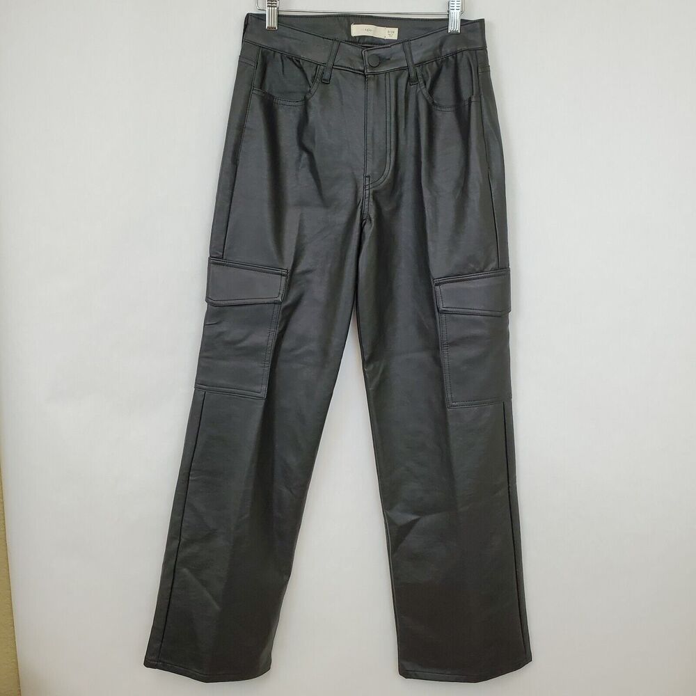 tgla Pants Womens Size 9 / 29 Vegan Faux Leather Cargo Straight Leg‎ Black